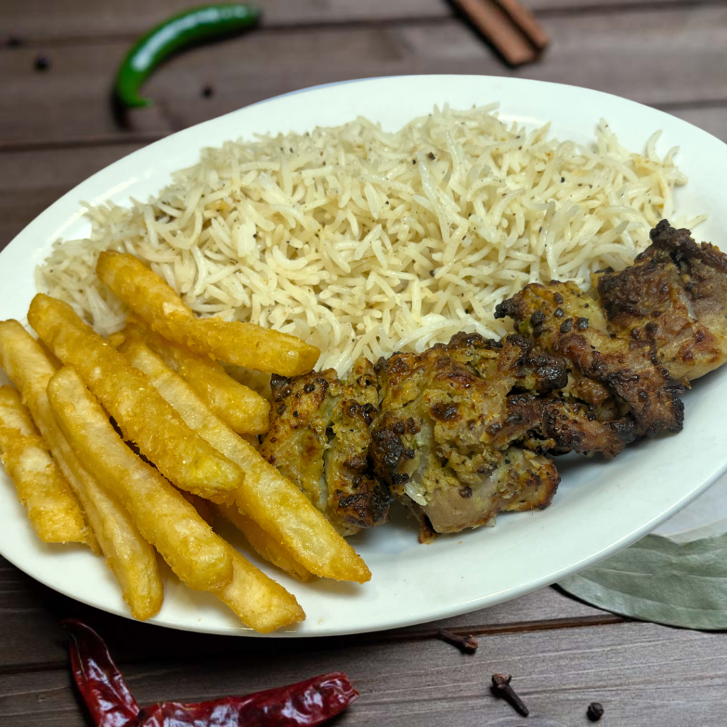 Malai Boti with Fries and RiceMalai Boti with Fries and Rice - Delicious Food-Karahi Point