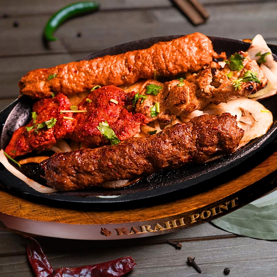 Karahi Point BBQ Chicken Platter – chicken kebabs, malai boti, and chicken tikka grilled to perfection