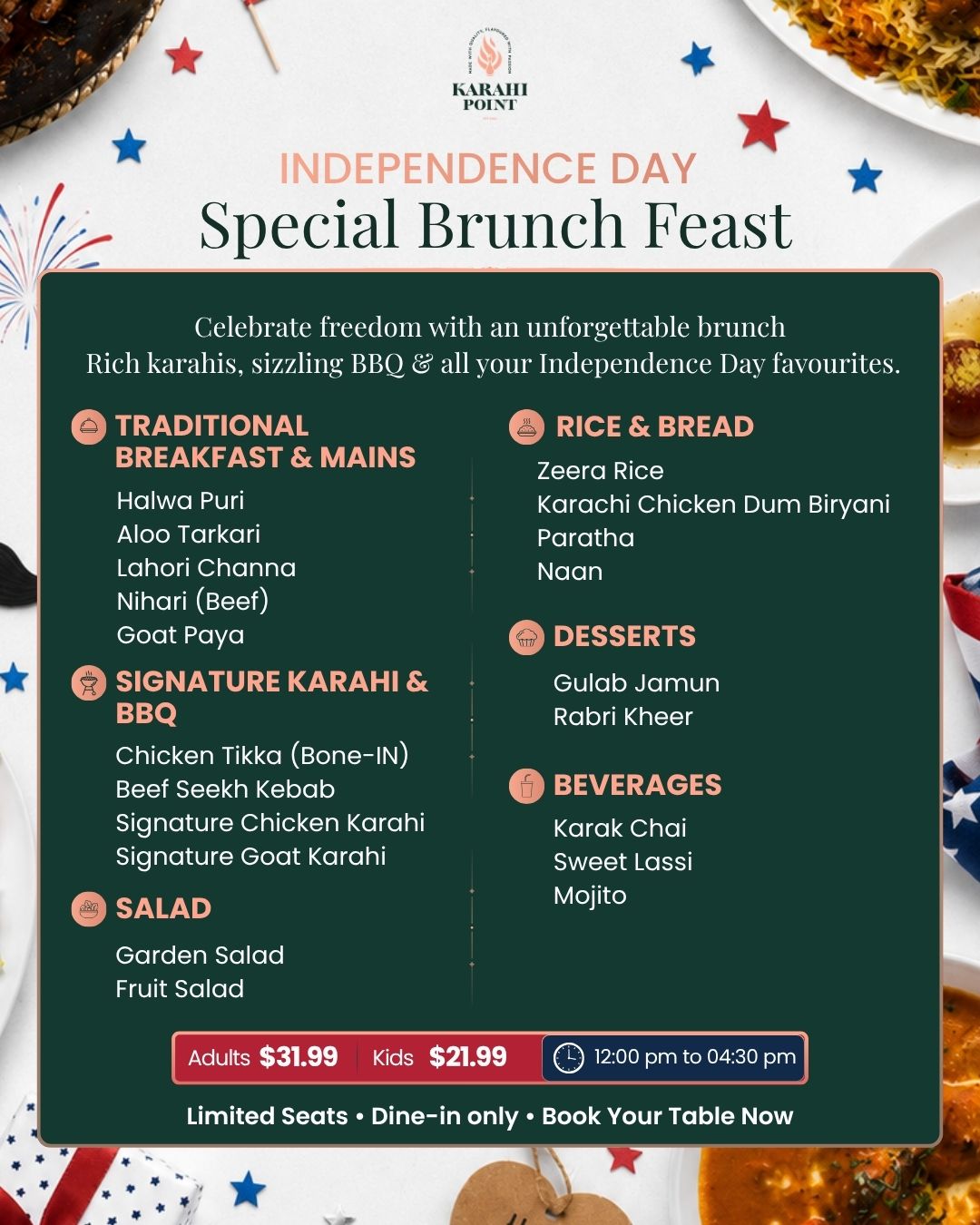 Karahi Point Houston Independence Day brunch buffet menu with halwa puri, nihari, biryani, BBQ, desserts, and halal Pakistani breakfast specialties