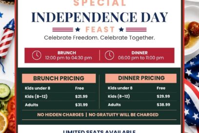 Independence Day feast promotion banner at Karahi Point Houston featuring special brunch and dinner buffet with halal Pakistani cuisine in Stafford, Texas