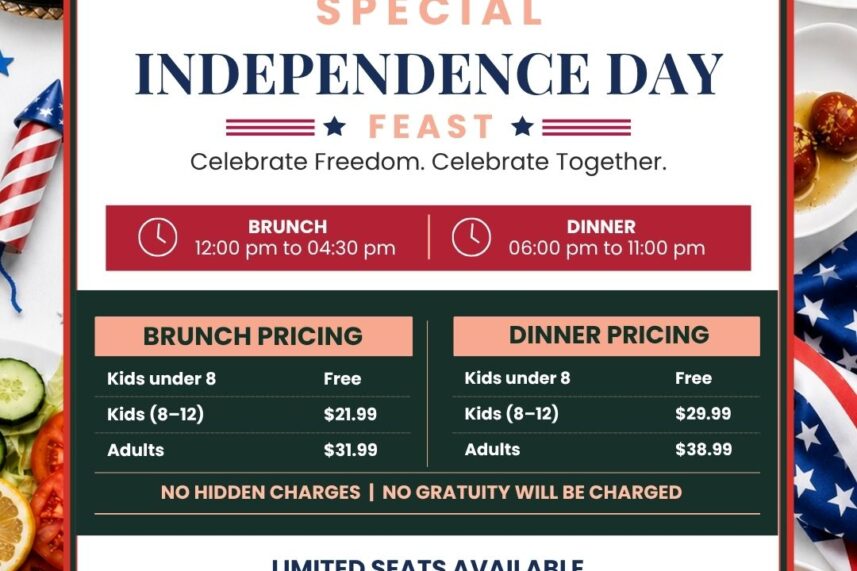 Independence Day feast promotion banner at Karahi Point Houston featuring special brunch and dinner buffet with halal Pakistani cuisine in Stafford, Texas