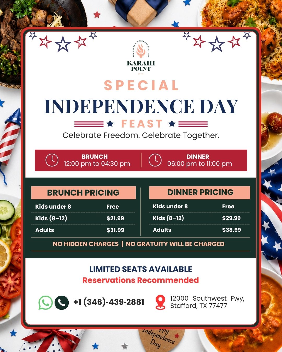Independence Day feast promotion banner at Karahi Point Houston featuring special brunch and dinner buffet with halal Pakistani cuisine in Stafford, Texas