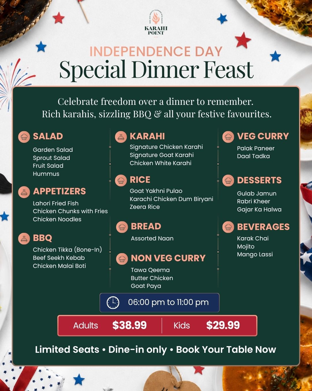 Karahi Point Houston Independence Day dinner buffet menu featuring BBQ, karahi, biryani, curries, desserts, and halal Pakistani dishes